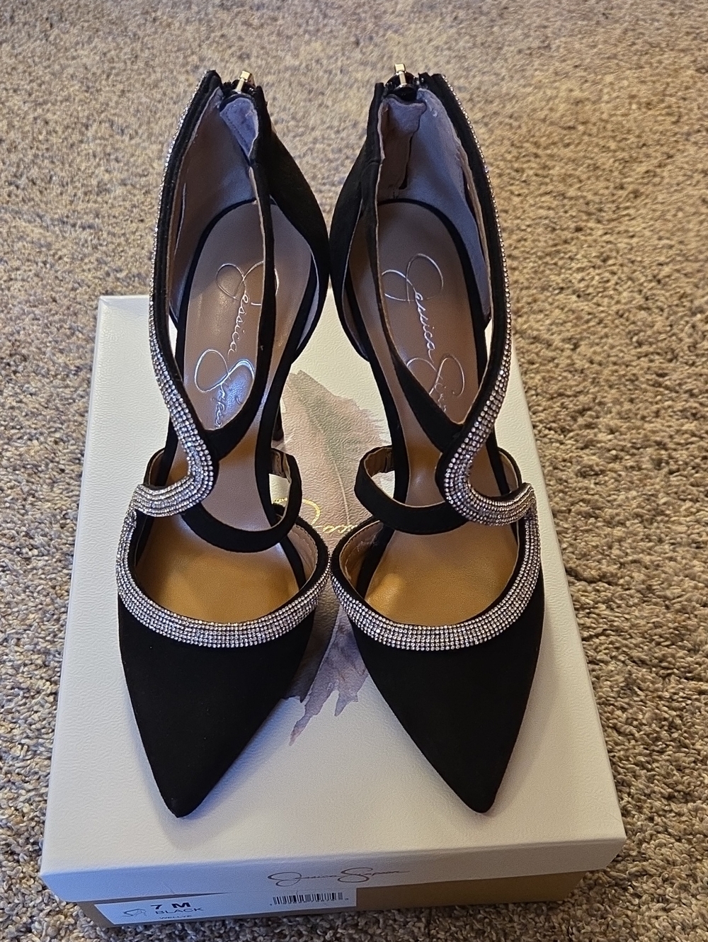 Jessica Simpson Black Crystal-Embellished Pointed Toe Heels Women's Size 7